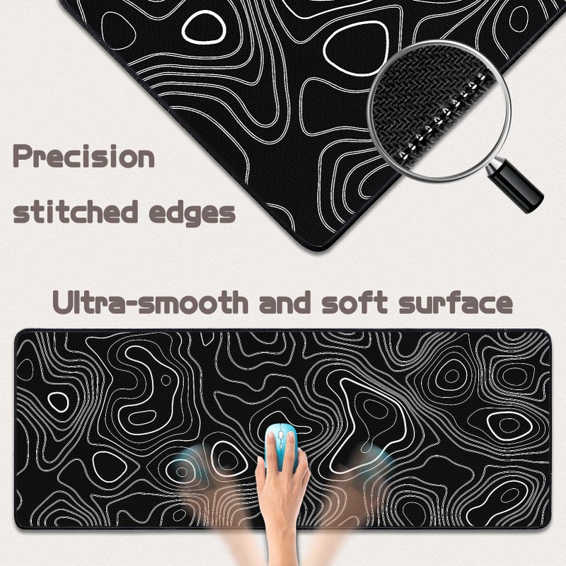 Yuhijoy Mouse Pad Gaming - Desk Mat for Keyboard and Mouse - Large Mouse Pad for Desk, Black Topographic Mousepad (31.5 x 11.8inch) with Non-Slip Base, Desks Pad Mat for Gaming, Office and Home - Image 3