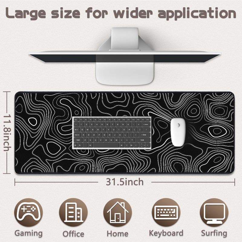 Yuhijoy Mouse Pad Gaming - Desk Mat for Keyboard and Mouse - Large Mouse Pad for Desk, Black Topographic Mousepad (31.5 x 11.8inch) with Non-Slip Base, Desks Pad Mat for Gaming, Office and Home - Image 5