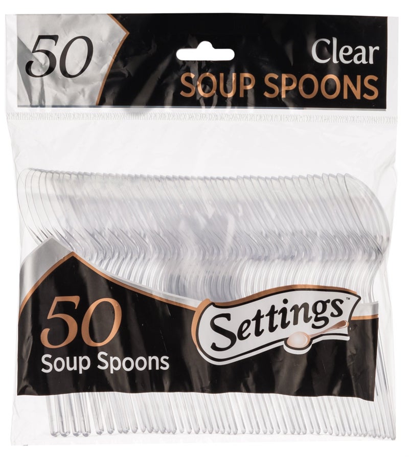 50 Count Settings Plastic Clear Soup Spoons Heavyweight Disposable Cutlery Great For Home Office School Party Picnics Restaurant Takeout Fast Food Outdoor Events Or Every Day Use 1 Bag