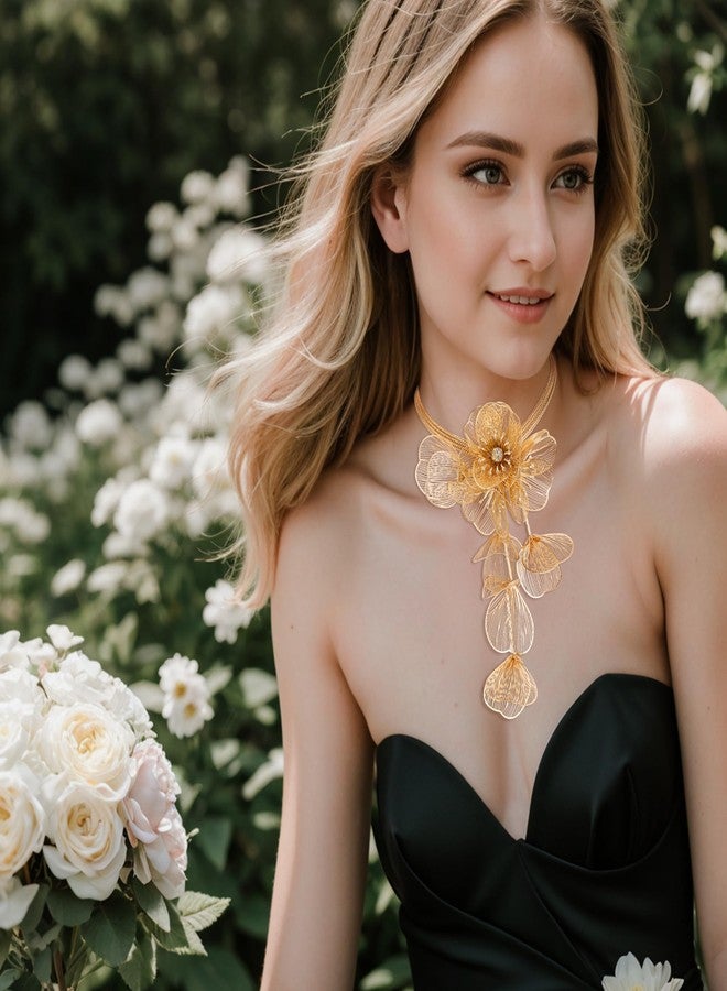 بريلوف قلادة بريلوف ستراند الزهرية المميزة للنساء، قلادة أنيقة لامعة مزينة بالزهور، قلادة صدرية، أقراط متدلية، مجوهرات صيفية، مناسبة للشاطئ، العطلات، الحفلات، ذهبية اللون - Image 4