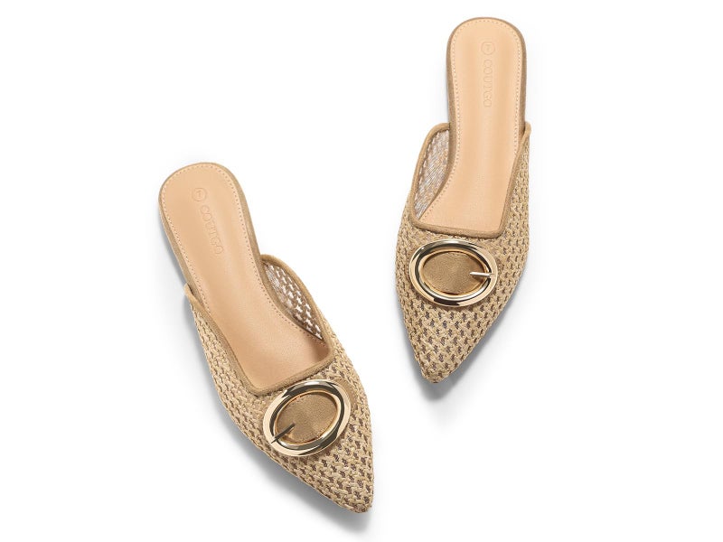 Coutgo Womens Mules Flats Metal Closed Pointed Toe Slip On Slides Summer Beach Shoes, Coffee, Size 8.5 - Image 1