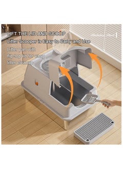 XICEN Large Stainless Steel Cat Litter Box Cat Litter Box with Removable Lid,Stainless Steel Flip-Top Cat Potty with Kitty Litter Scoop & Pedal,Enclosed Front Entry Top Exit High Sided Cat Litter Box for Cats of Dif(Size:60cm*40cm*39cm,Color:Light Gray)  - Image 3