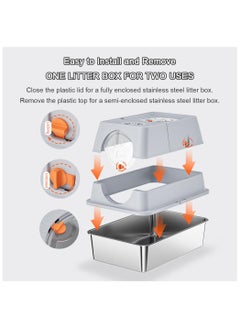 XICEN Large Stainless Steel Cat Litter Box Cat Litter Box with Removable Lid,Stainless Steel Flip-Top Cat Potty with Kitty Litter Scoop & Pedal,Enclosed Front Entry Top Exit High Sided Cat Litter Box for Cats of Dif(Size:60cm*40cm*39cm,Color:Light Gray)  - Image 5