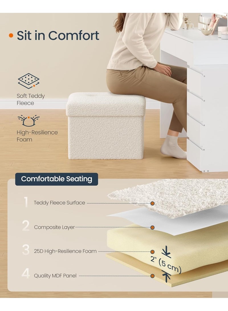Small Folding Storage Ottoman, Foot Rest Stool, 12.2 x 16.1 x 12.2 Inches, Ottoman pouf with Storage, Load up to 286 lb, for Living Room, Bedroom, Dorm, Cream White - Image 3