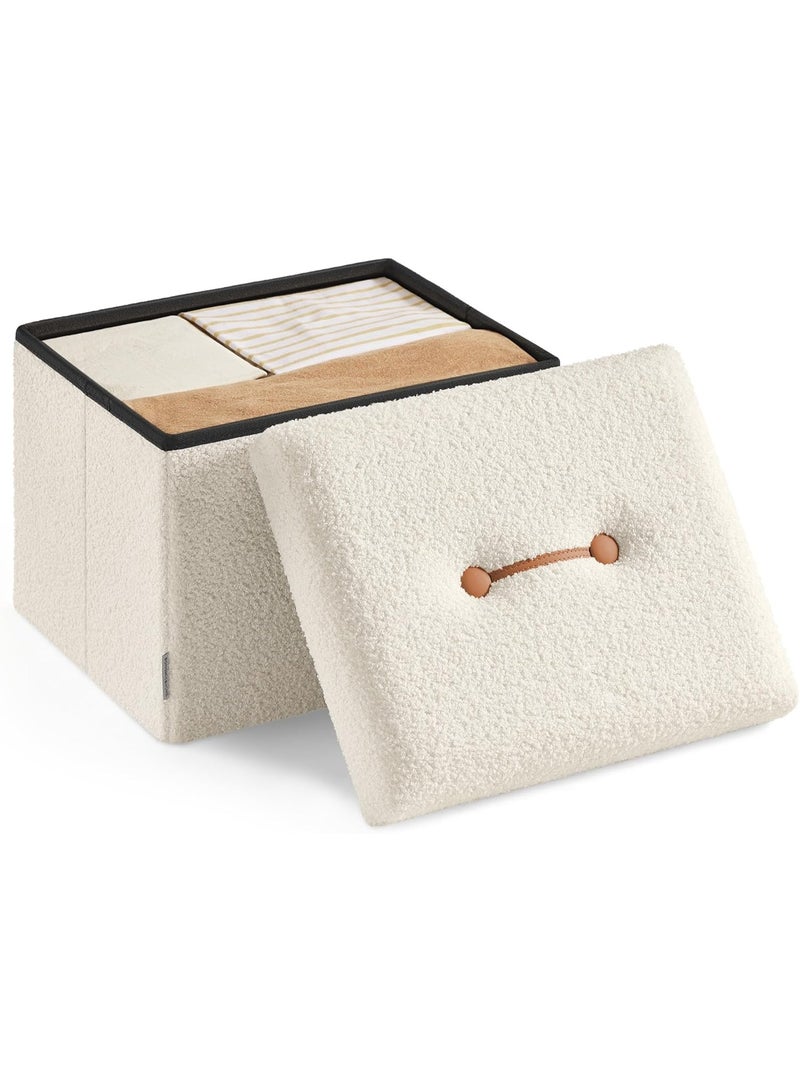 Small Folding Storage Ottoman, Foot Rest Stool, 12.2 x 16.1 x 12.2 Inches, Ottoman pouf with Storage, Load up to 286 lb, for Living Room, Bedroom, Dorm, Cream White - Image 1
