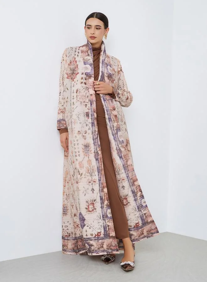Take Two All-Over Printed Textured Pleated Long Sleeve Abaya