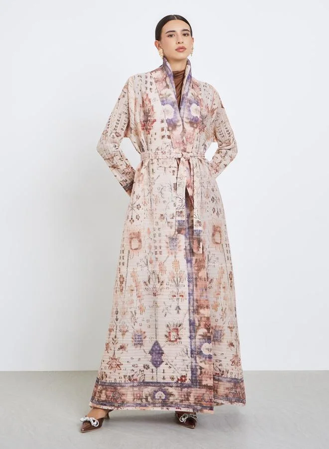 Take Two All-Over Printed Textured Pleated Long Sleeve Abaya