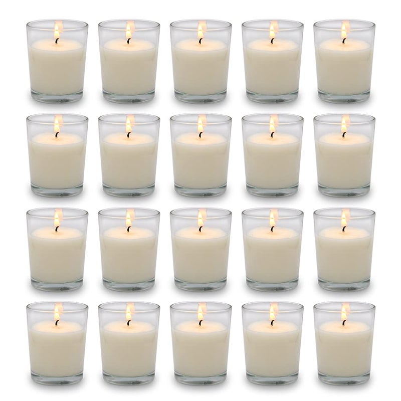 Set of 20 White Votive Candles Clear Glass Filled Unscented Soy Wax Candle for Home Spa Weddings Birthday Holidays Party and DIY