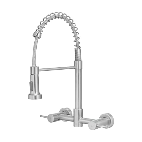 AIMADI Wall Mount Kitchen Faucets, 8-Inch Center Wall Mount Kitchen Sink Faucet with Pull-Down Sprayer,Modern Stainless Steel Design Double Lever Control - Image 1