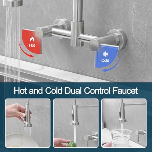 AIMADI Wall Mount Kitchen Faucets, 8-Inch Center Wall Mount Kitchen Sink Faucet with Pull-Down Sprayer,Modern Stainless Steel Design Double Lever Control - Image 4