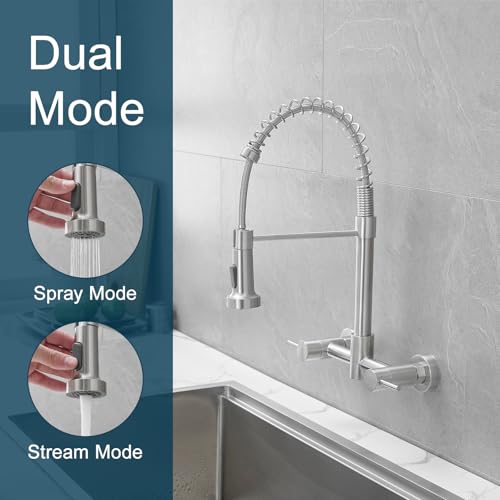 AIMADI Wall Mount Kitchen Faucets, 8-Inch Center Wall Mount Kitchen Sink Faucet with Pull-Down Sprayer,Modern Stainless Steel Design Double Lever Control - Image 3