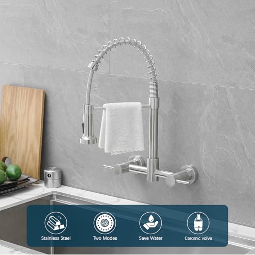 AIMADI Wall Mount Kitchen Faucets, 8-Inch Center Wall Mount Kitchen Sink Faucet with Pull-Down Sprayer,Modern Stainless Steel Design Double Lever Control - Image 2
