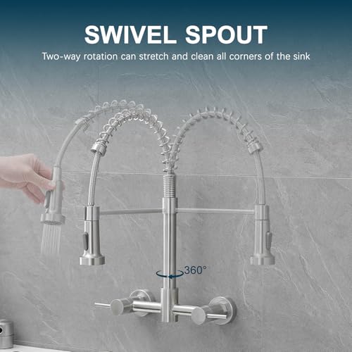 AIMADI Wall Mount Kitchen Faucets, 8-Inch Center Wall Mount Kitchen Sink Faucet with Pull-Down Sprayer,Modern Stainless Steel Design Double Lever Control - Image 5