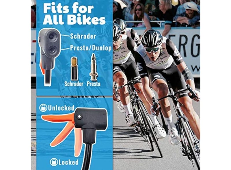 Mini air pump with pressure gauge, portable design, foot/hand operated, equipped with Presta and Schrader valves, suitable for all types of bicycles, with an adapter for inflating balls, balloons, and swimming floats from Leighton - Image 2