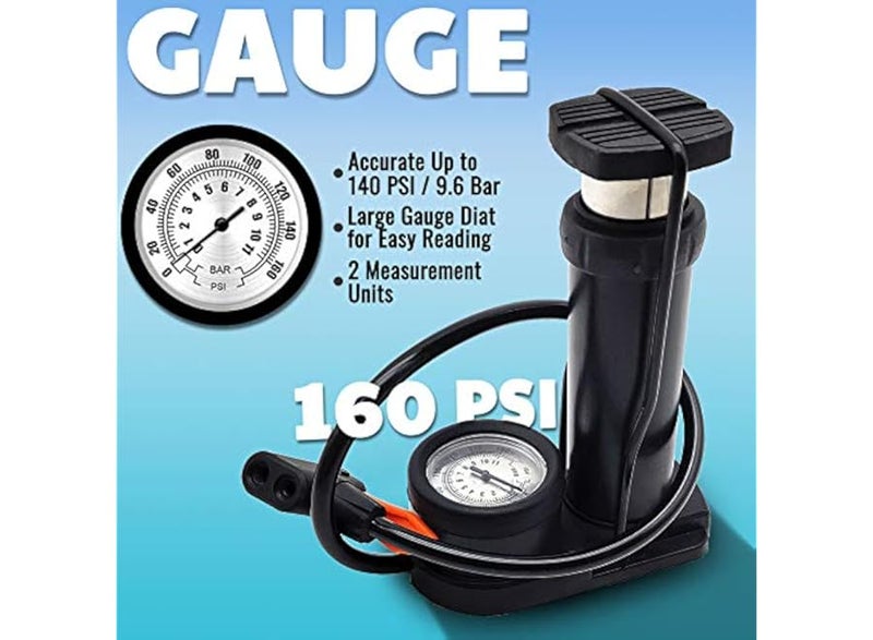Mini air pump with pressure gauge, portable design, foot/hand operated, equipped with Presta and Schrader valves, suitable for all types of bicycles, with an adapter for inflating balls, balloons, and swimming floats from Leighton - Image 3