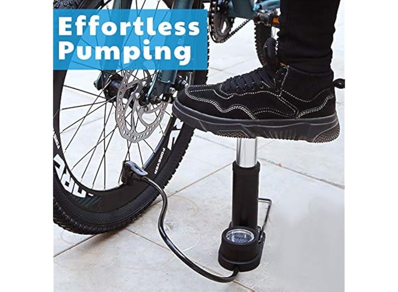 Mini air pump with pressure gauge, portable design, foot/hand operated, equipped with Presta and Schrader valves, suitable for all types of bicycles, with an adapter for inflating balls, balloons, and swimming floats from Leighton - Image 5