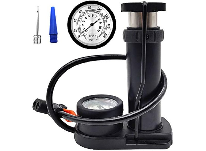 Mini air pump with pressure gauge, portable design, foot/hand operated, equipped with Presta and Schrader valves, suitable for all types of bicycles, with an adapter for inflating balls, balloons, and swimming floats from Leighton - Image 1