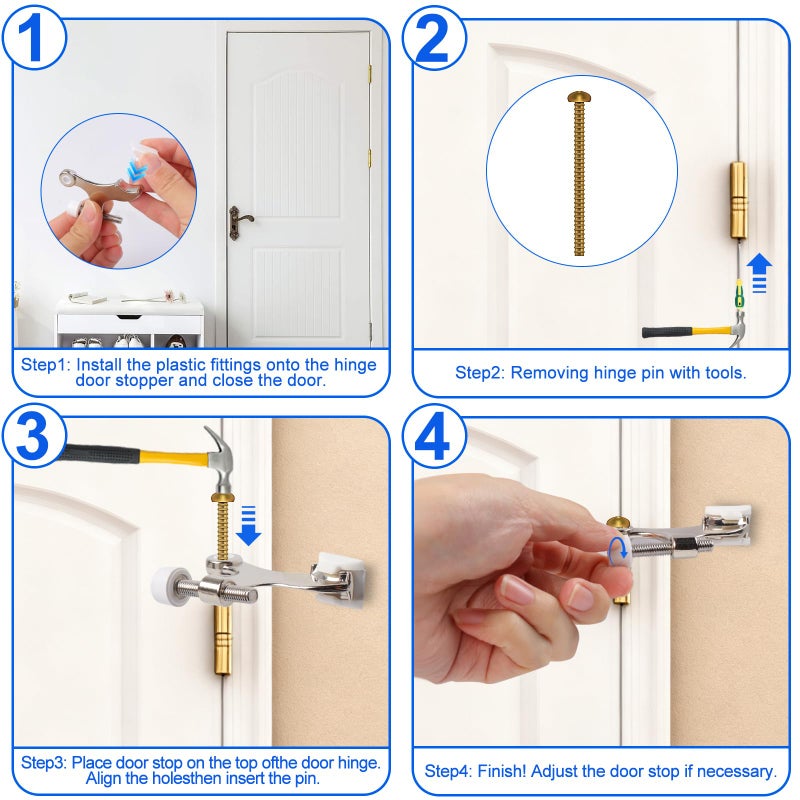 Azureal Door Stopper Hinge 3P, Adjustable Heavy Duty Hinge Door Stopper, 2-1/2" x 1-3/4'' Hinge Pin Door Stop with White Rubber Bumper Tips, Satin Nickel - Image 4