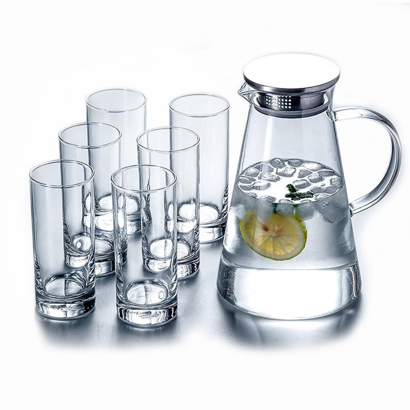 Ecentaur 7Pcs Glass Pitcher Set Jug with 6 Water Glasses Tumbler Cups Lid Carafe Jug with Spout Handle for HotCold Tea Beverage