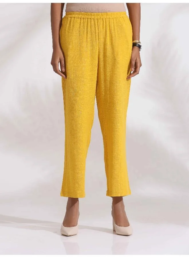 ترو برونز trueBrowns Yellow Cotton Slub Embroidered Straight Kurta Set