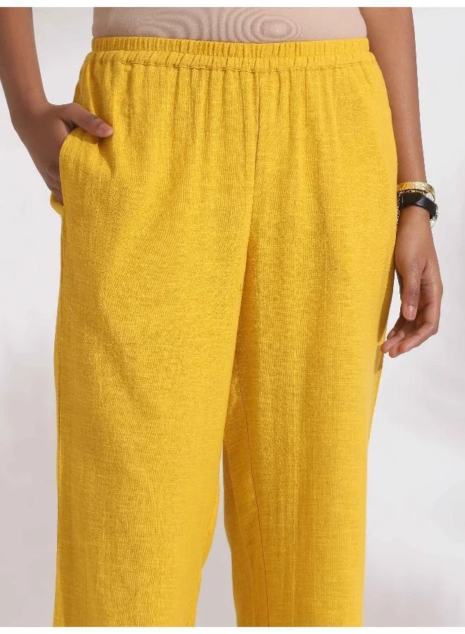 ترو برونز trueBrowns Yellow Cotton Slub Embroidered Straight Kurta Set