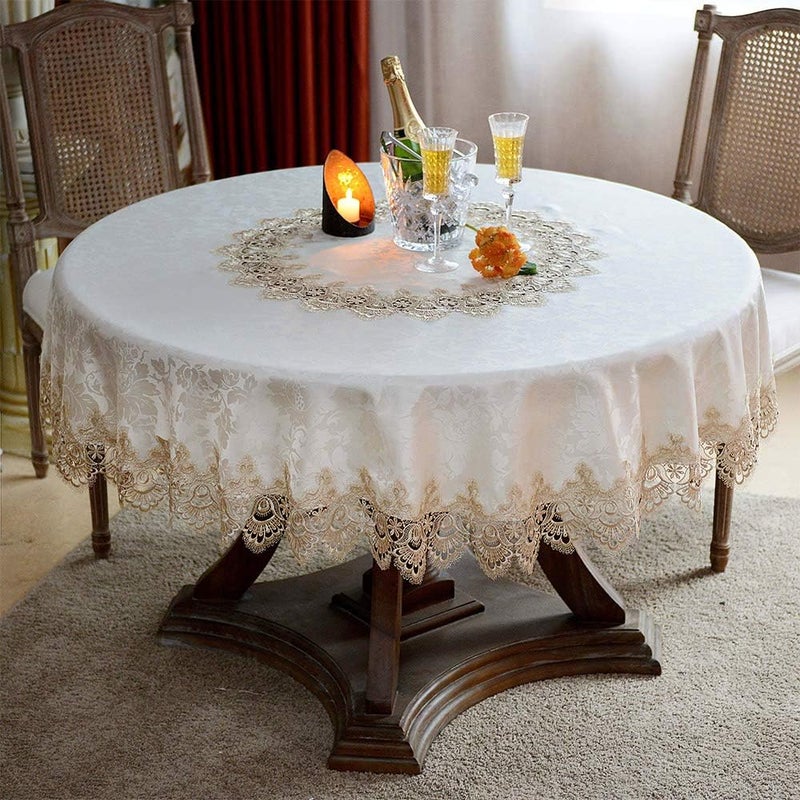 ARTABLE Round Tablecloth Lace Rustic Macrame Embroidered Table Cloths for Harvest Dresser Decor Farmhouse Kitchen Home Light Brown 70 Round - Image 3