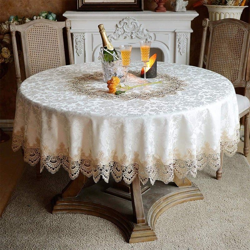 ARTABLE Round Tablecloth Lace Rustic Macrame Embroidered Table Cloths for Harvest Dresser Decor Farmhouse Kitchen Home Light Brown 70 Round - Image 2