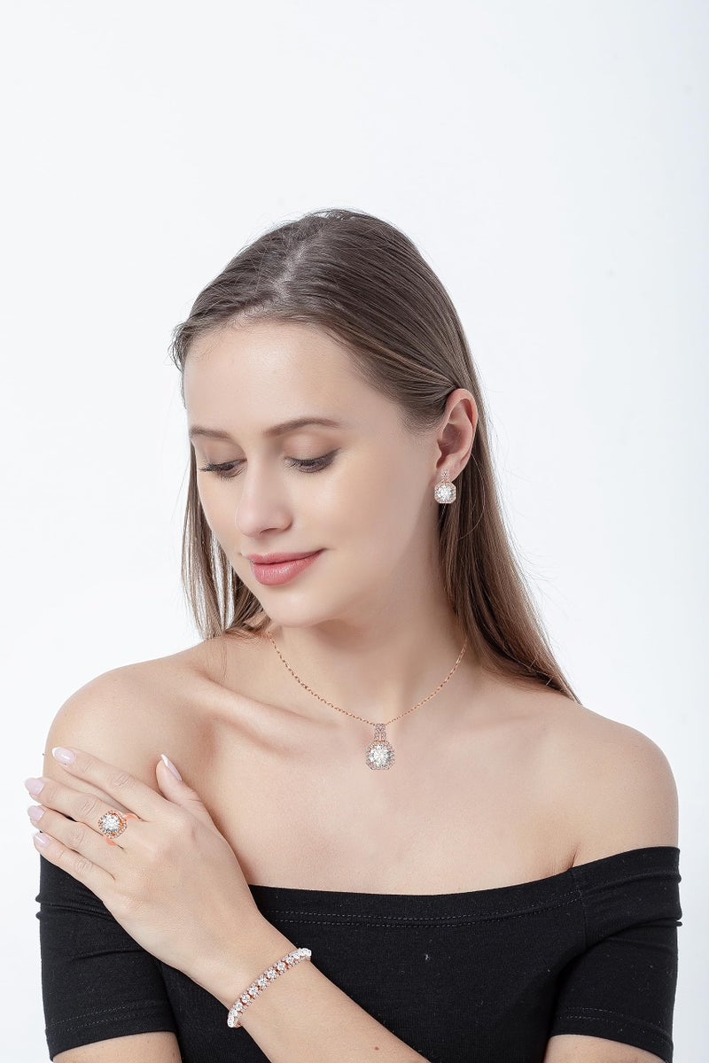 Paxuan Crystal Rhinestone Wedding Jewelry Sets Bridal Pendant Necklace Stud Earrings Link Bracelets Rings Set for Women (Gold Plated White Cubic Zirconia) - Image 3