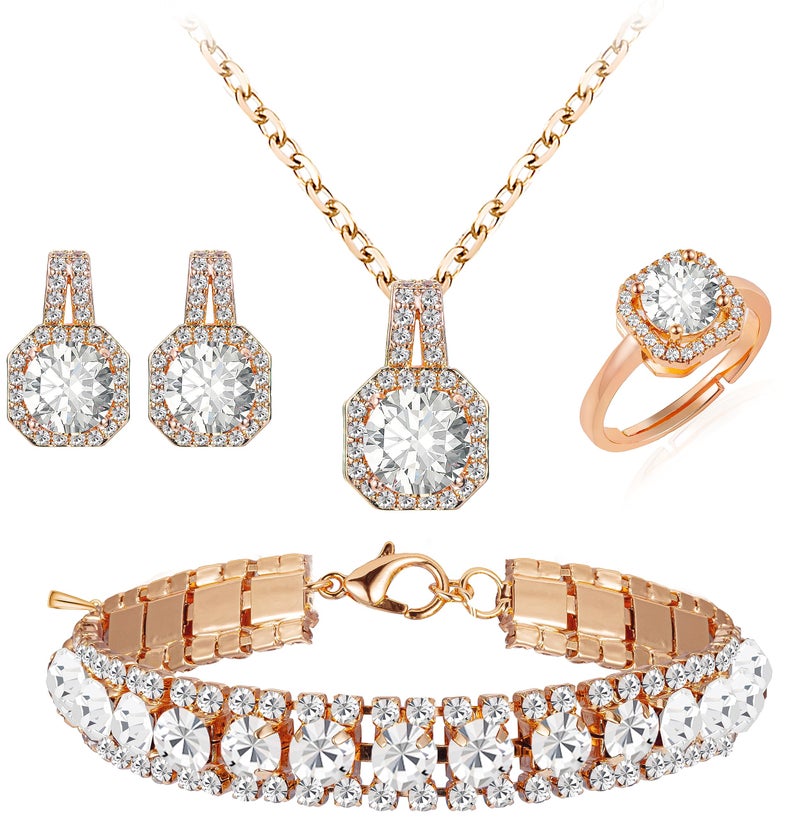 Paxuan Crystal Rhinestone Wedding Jewelry Sets Bridal Pendant Necklace Stud Earrings Link Bracelets Rings Set for Women (Gold Plated White Cubic Zirconia) - Image 1