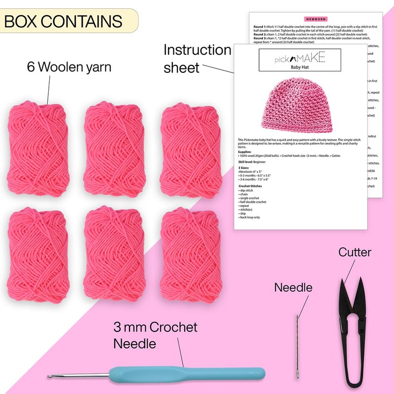 picknMAKE picknMAKE DIY Crochet Set of Baby Beanie Hat Kit for Beginners Adult Includes Pink Wool 3mm Crochet Hook Needle Cutter StepbyStep Instructions - Image 2