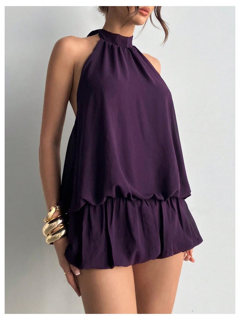 Floerns Women's Y2k Summer Halter Dress Tie Open Back Sleeveless Ruffle Hem Bubble Going Out Mini Dresses Purple Medium - Image 4