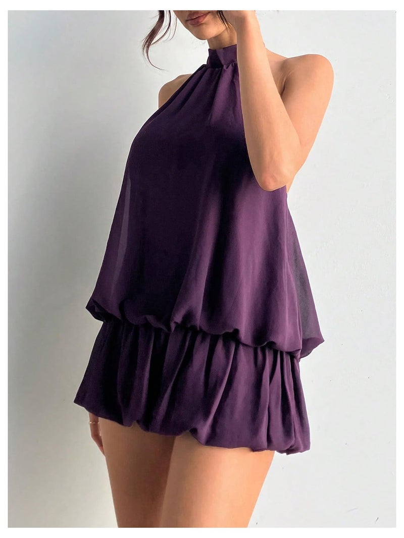 Floerns Women's Y2k Summer Halter Dress Tie Open Back Sleeveless Ruffle Hem Bubble Going Out Mini Dresses Purple Medium - Image 3