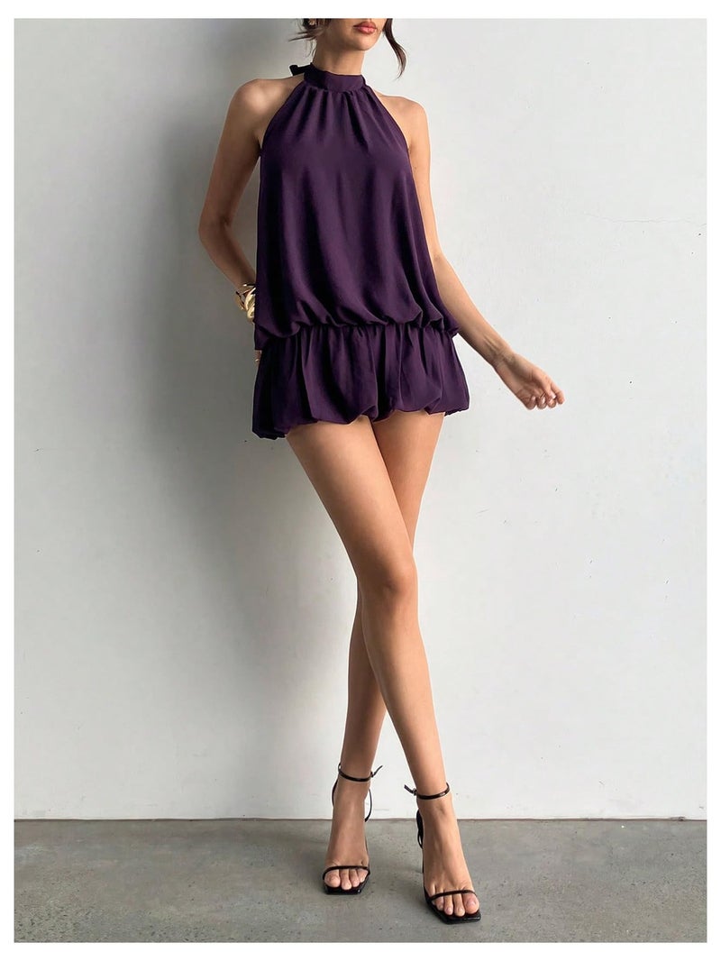 Floerns Women's Y2k Summer Halter Dress Tie Open Back Sleeveless Ruffle Hem Bubble Going Out Mini Dresses Purple Medium - Image 5