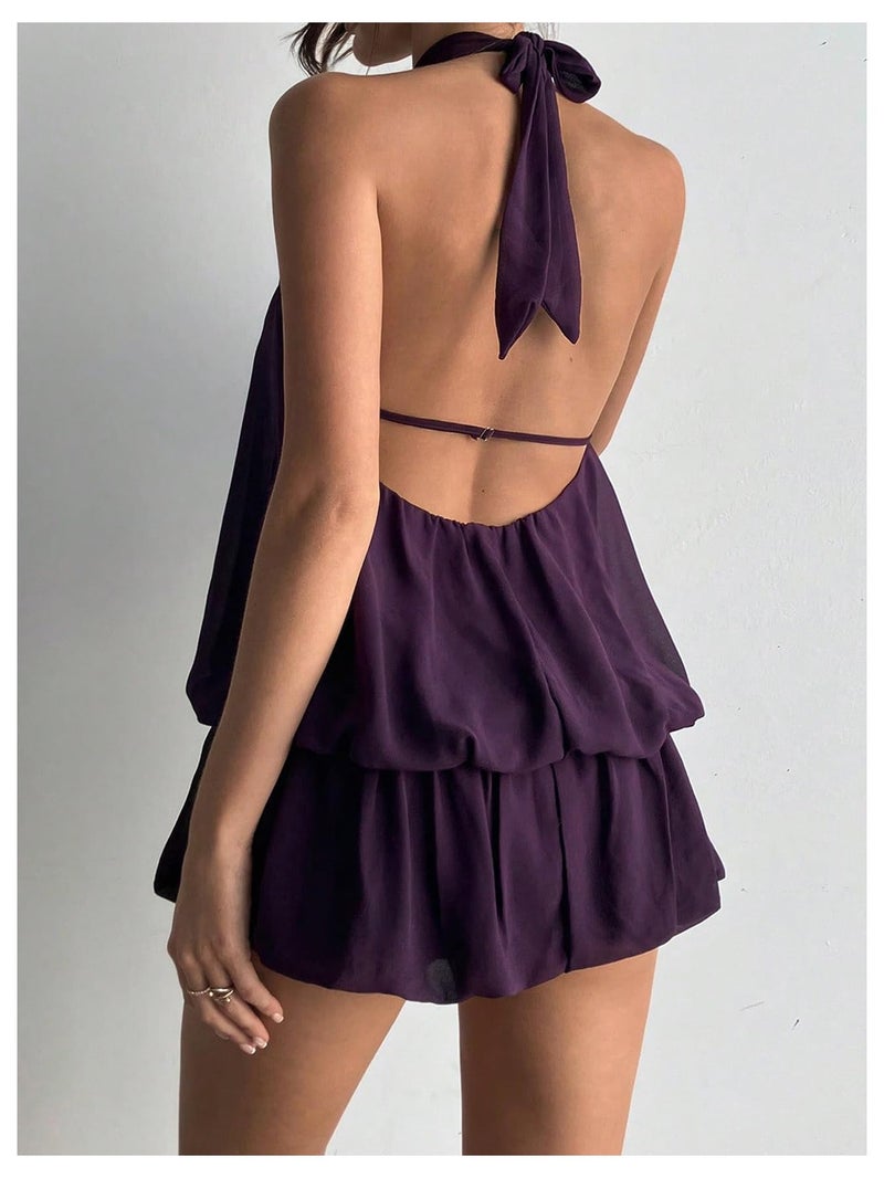 Floerns Women's Y2k Summer Halter Dress Tie Open Back Sleeveless Ruffle Hem Bubble Going Out Mini Dresses Purple Medium - Image 2