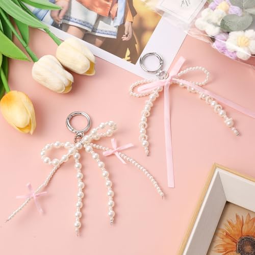 Yuanchu 2Pcs Pearl Bow Keychain, Cute Bowknot Beaded Keyring Charms Aesthetic Pink Bag Charms Purse Car Key Chain for Women - Image 3