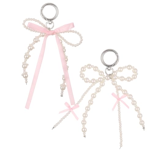 Yuanchu 2Pcs Pearl Bow Keychain, Cute Bowknot Beaded Keyring Charms Aesthetic Pink Bag Charms Purse Car Key Chain for Women - Image 1