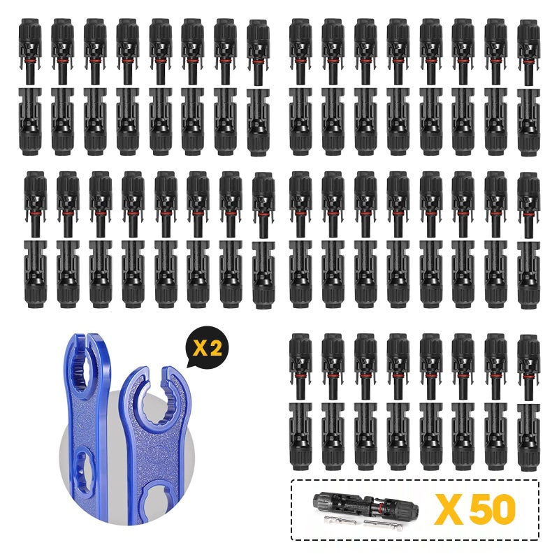 BougeRV 100PCS Solar Connector with Spanners IP67 Waterproof Solar Panel Cable Connectors MaleFemale 50 Pairs10AWG