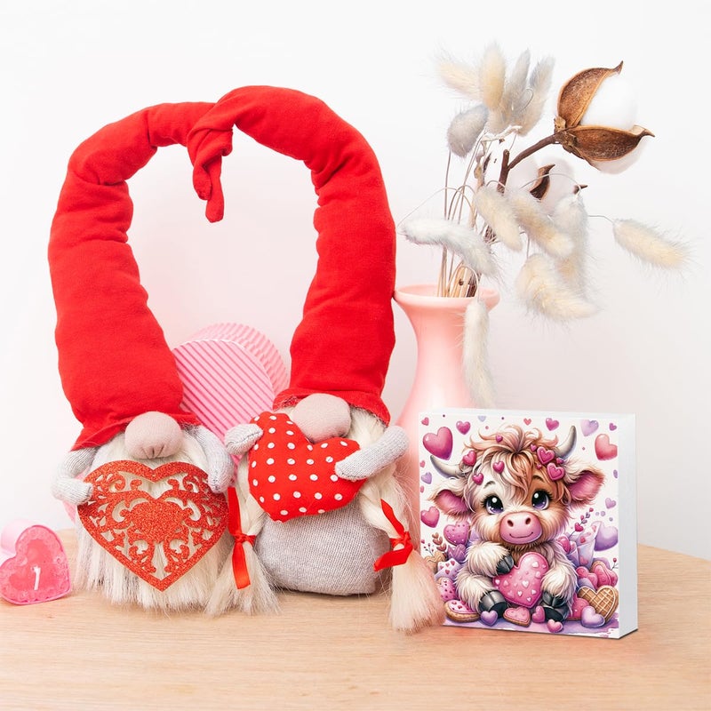 FXEFXE Valentines Decor, Valentines Day Decorations, Highland Cow Valentine's Gifts for Boyfriend Girlfriend, Pink Valentine's Table Decor Highland Cow Decoration Gifts, Office Wooden Decor Signs - Image 3