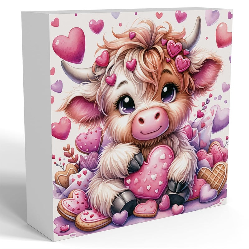 FXEFXE Valentines Decor, Valentines Day Decorations, Highland Cow Valentine's Gifts for Boyfriend Girlfriend, Pink Valentine's Table Decor Highland Cow Decoration Gifts, Office Wooden Decor Signs - Image 1