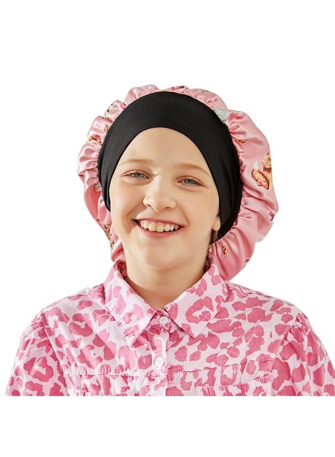 ELIHAIR Kids Satin Bonnets Sleeping Cap No Imprint for Toddler Child Curly Hair Bonnets Elastic Band Silky Satin Cap for Night Sleep Cap Double Layer Pink Fox - Image 1