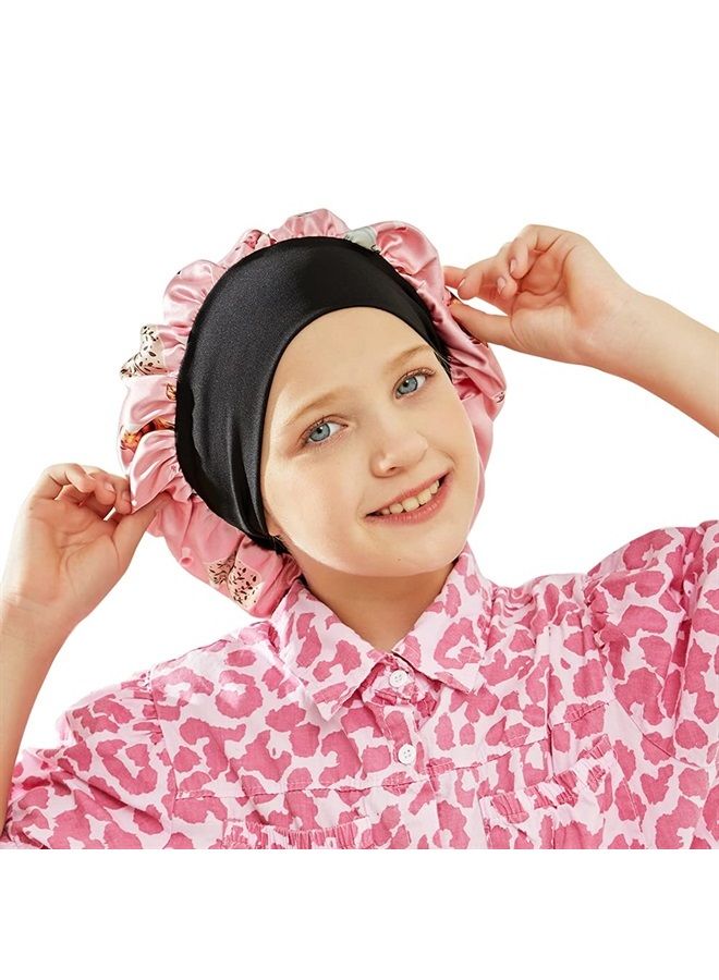 ELIHAIR Kids Satin Bonnets Sleeping Cap No Imprint for Toddler Child Curly Hair Bonnets Elastic Band Silky Satin Cap for Night Sleep Cap Double Layer Pink Fox - Image 2