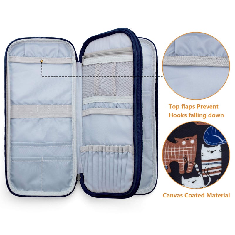 Teamoy Afghan Crochet Hook Case(up to 11" Long), Tunisian Crochet Organizer Bag for Ergonomic Crochet Hooks, Knitting Needles and Accessories, Cats Blue - Image 2