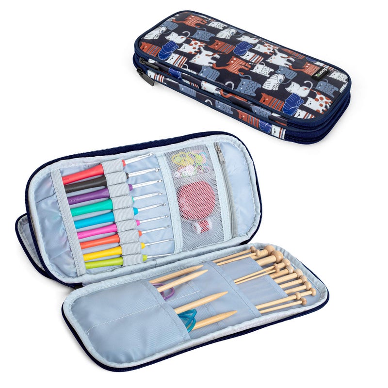 Teamoy Afghan Crochet Hook Case(up to 11" Long), Tunisian Crochet Organizer Bag for Ergonomic Crochet Hooks, Knitting Needles and Accessories, Cats Blue - Image 1