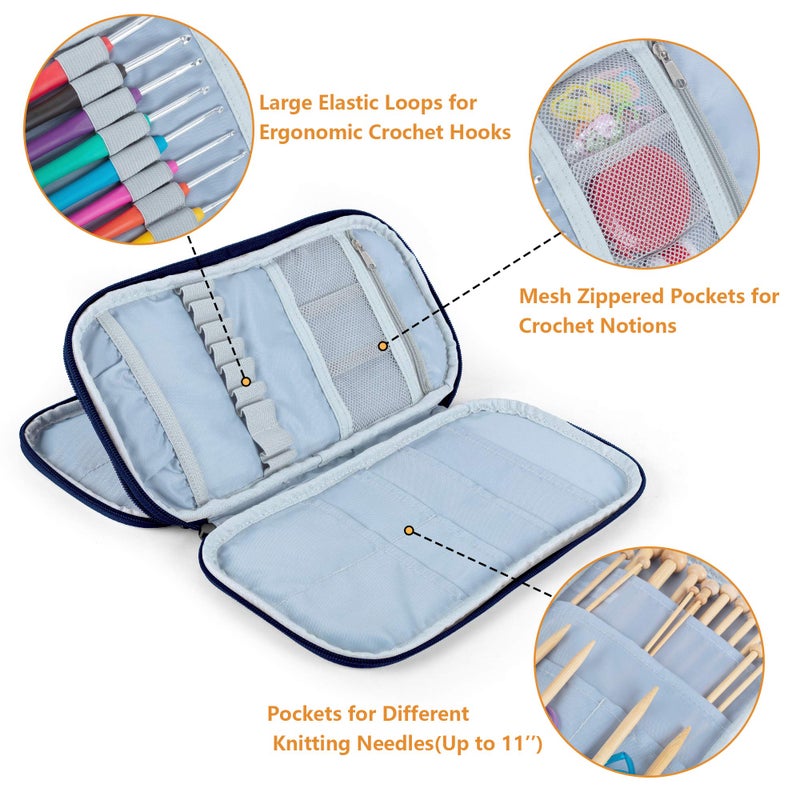 Teamoy Afghan Crochet Hook Case(up to 11" Long), Tunisian Crochet Organizer Bag for Ergonomic Crochet Hooks, Knitting Needles and Accessories, Cats Blue - Image 4