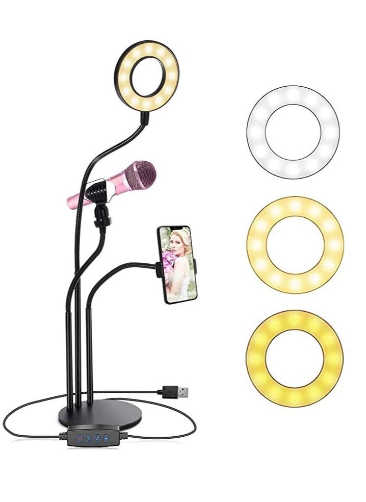 Generic 3 in 1 Professional Live Stream Kit with Small USB Ring Light Mic Holder CellPhone Web Cam Holder Premium Stand For Makeup Video Shoots Live Video Calling And More  - Image 1