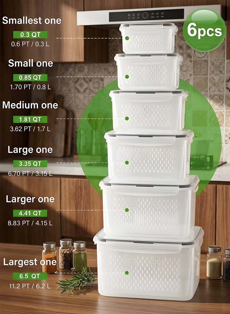 بيوينتي 6 قطع حاويات فواكه كبيرة - حاويات تخزين طعام مانعة للتسرب مع مصفاة قابلة للإزالة، حاويات منتجات آمنة للغسالة والميكروويف تحافظ على الفواكه والخضروات والتوت واللحوم طازجة لفترة أطول - Image 4