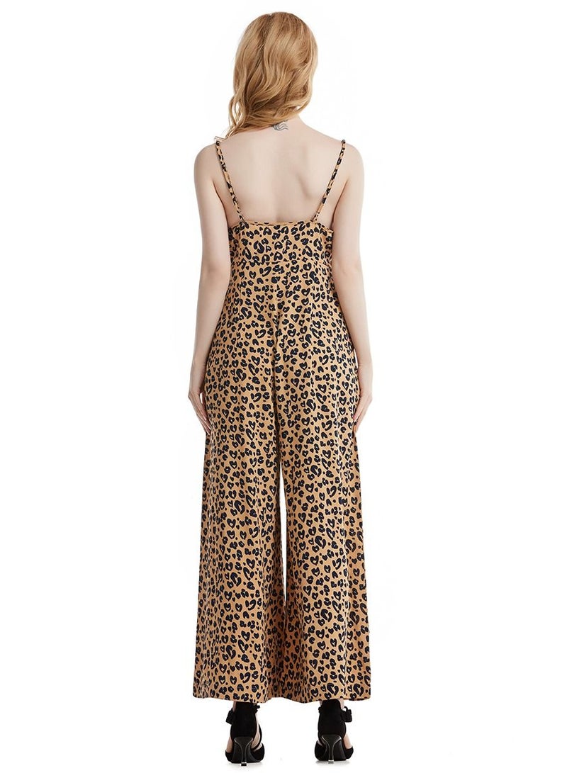 Loquat Lady's Printed Suspender Jumpsuit One-Piece Pants Brown/Black  - Image 3