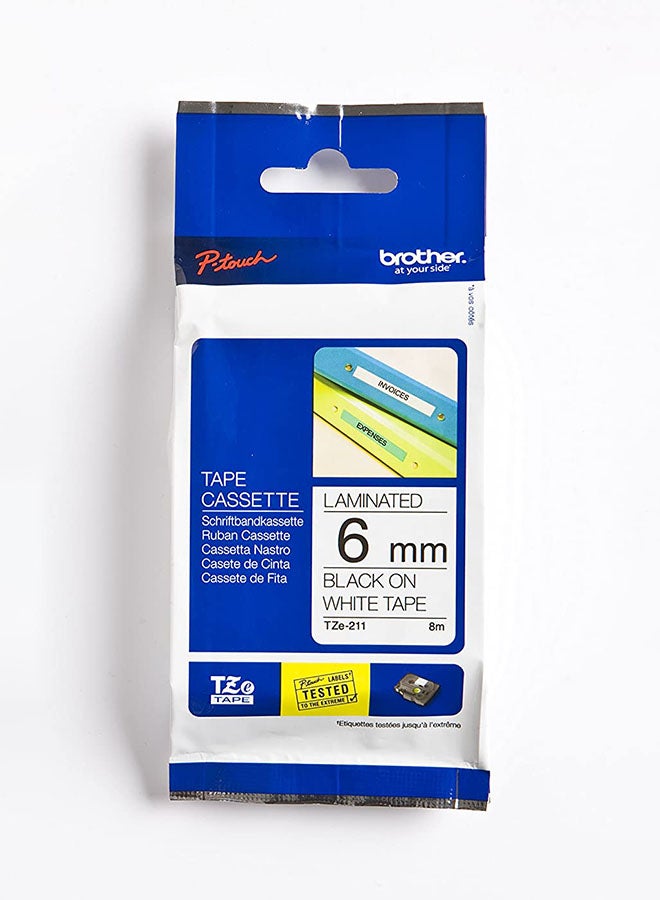 brother Laminated Tape Black On White 6mm TZEe-211 Black/White - Image 3