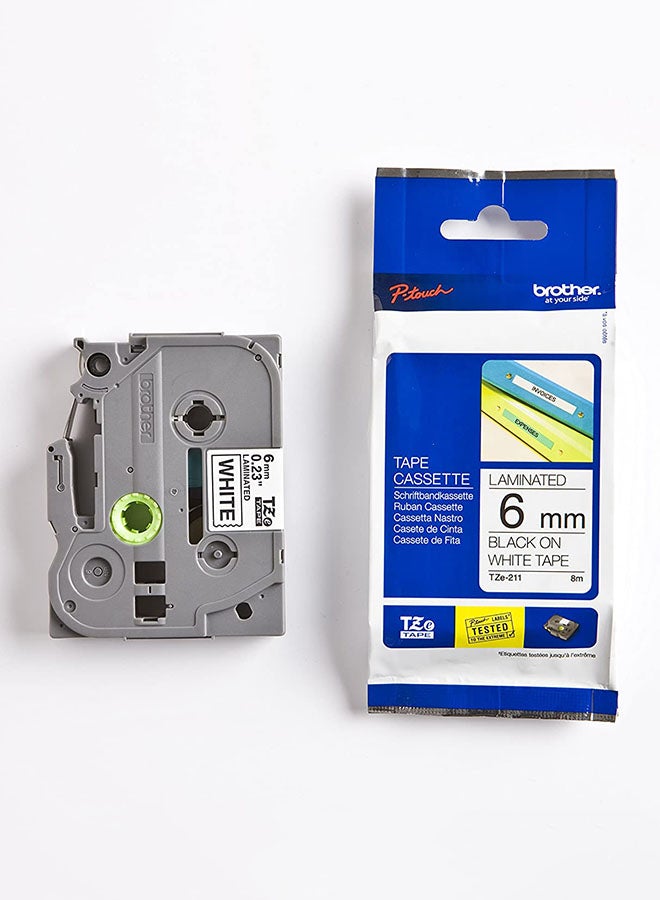 brother Laminated Tape Black On White 6mm TZEe-211 Black/White - Image 1