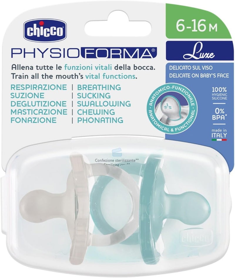 Chicco PhysioForma Luxe Silicone Dummy, 6-16 Months, Grey/Blue, Pack of 2 - Image 5